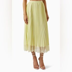 Self-Portrait Yellow Pleated Midi Skirt with lace trim